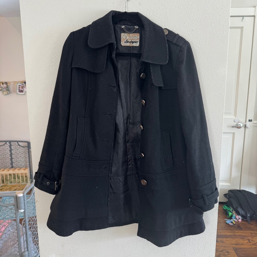 Vintage 1981 Guess Los Angeles Black Wool Blend Military Peacoat Jacket